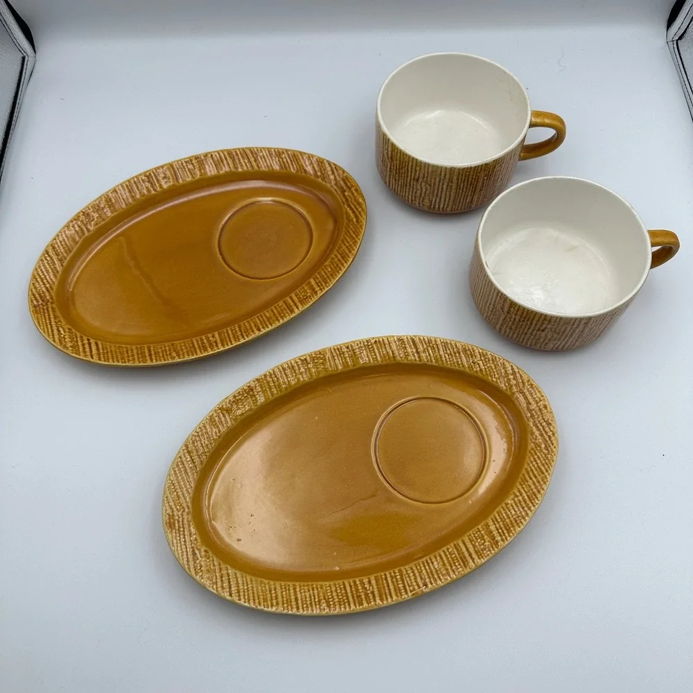 Vintage SECLA Portugal Snack Plate and Cup Set Golden Brown Ceramic Set of 2‎